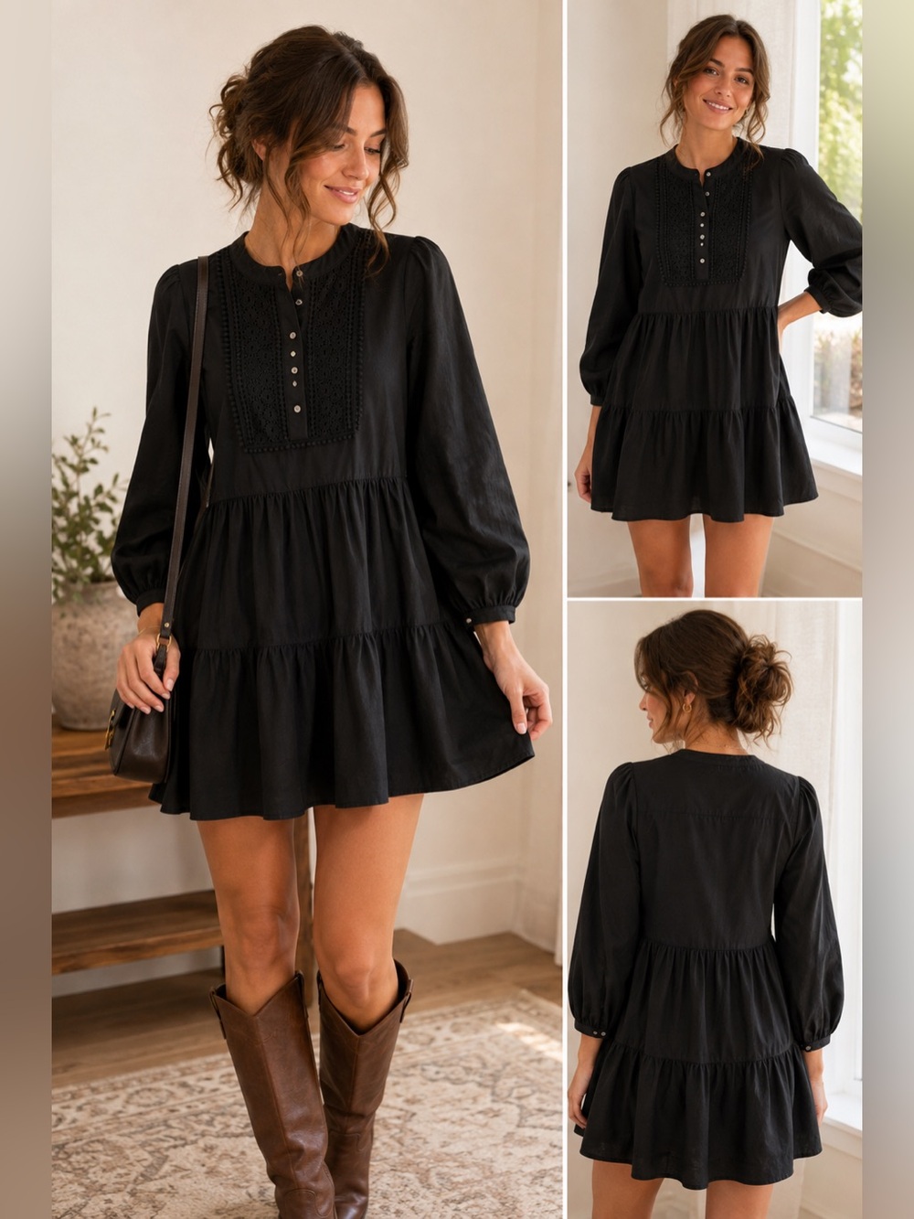 J.Crew Black Cotton Embroidered Tiered Mini Dress Puff Sleeve XS